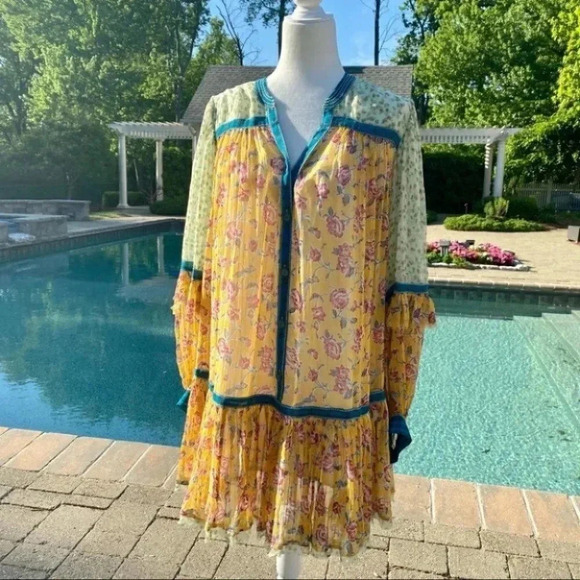 NWT Free People Rosebud Mix Print Long Sleeve Floral Mini Dress Yellow Small - Picture 6 of 8